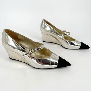 Chanel Laminated Metallic Calfskin Grosgrain Cap Toe CC Pointed Toe Wedge EU 37